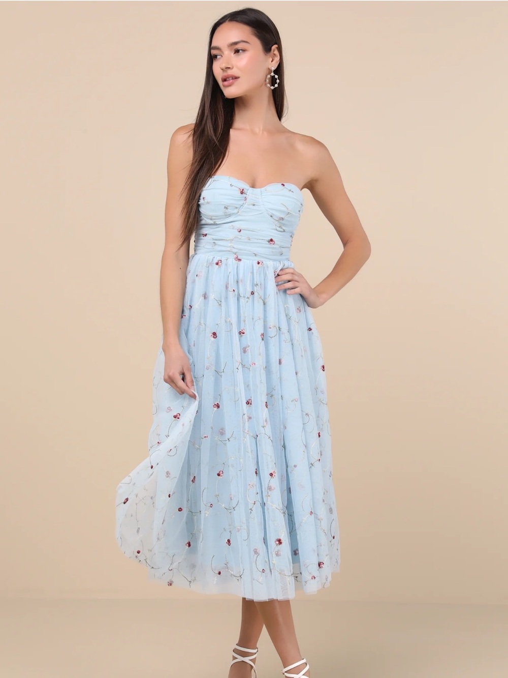 Lulu's Pale Blue Tulle Formal Dress with Red Floral Embroidery